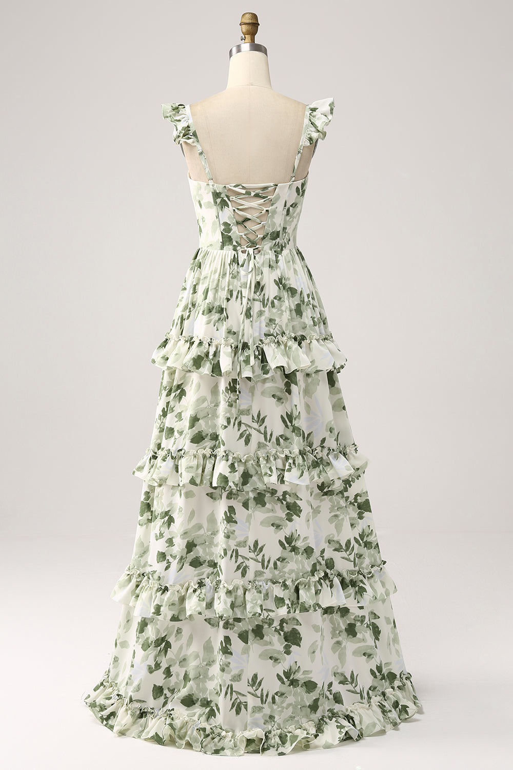 Zapakasa Women Ruffles Tiered Prom Dress with Slit Green Floral A Line Long Formal Dress Zapakasa Women Ruffles Tiered Prom Dress with Slit Green Floral A Line Long Formal Dress