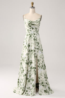 Cowl Neck Green Floral A Line Prom Dress with Slit