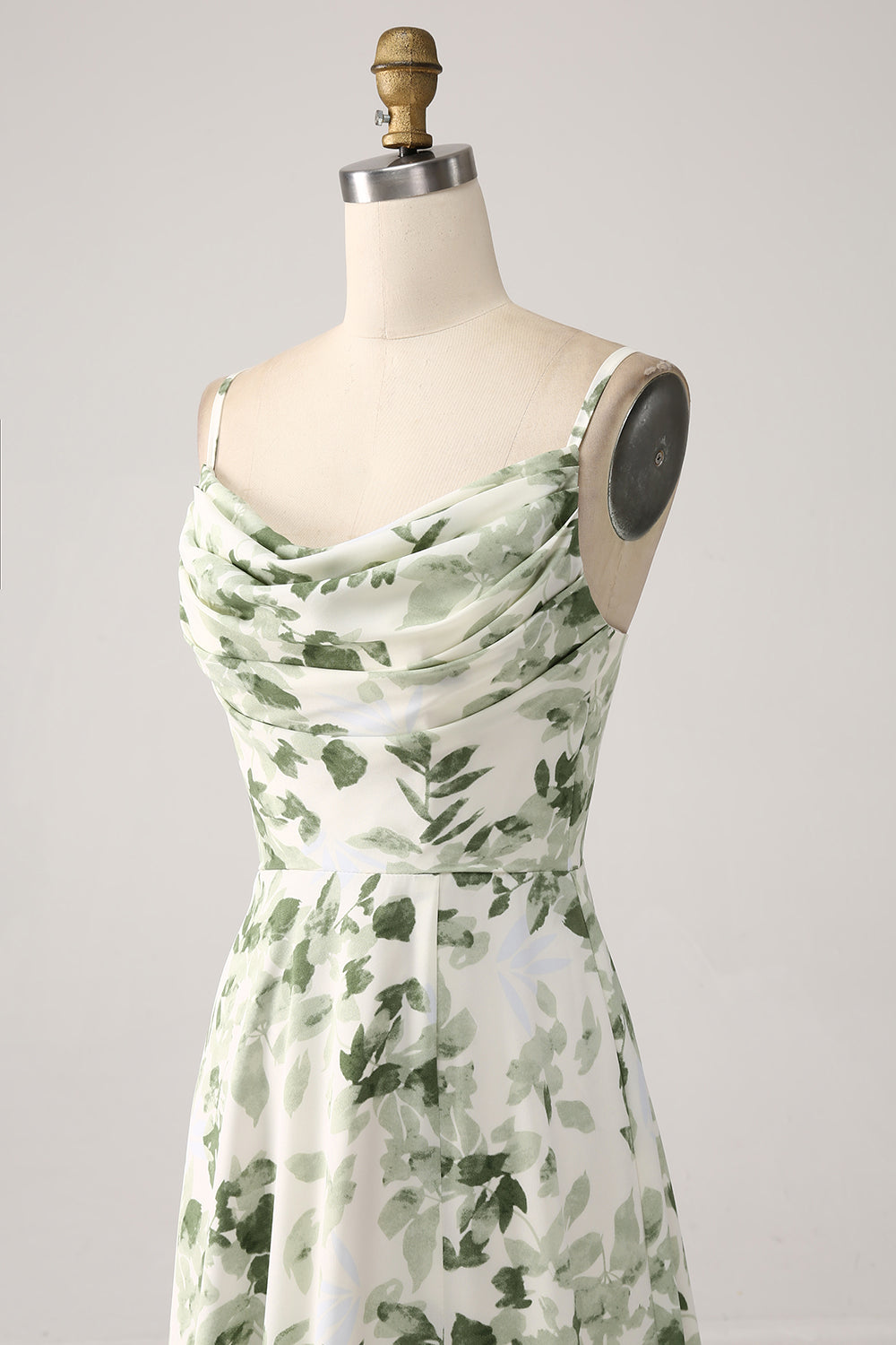 Cowl Neck Green Floral A Line Prom Dress with Slit