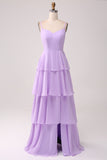 A Line Spaghetti Straps Tiered Chiffon Lilac Bridesmaid Dress with Slit