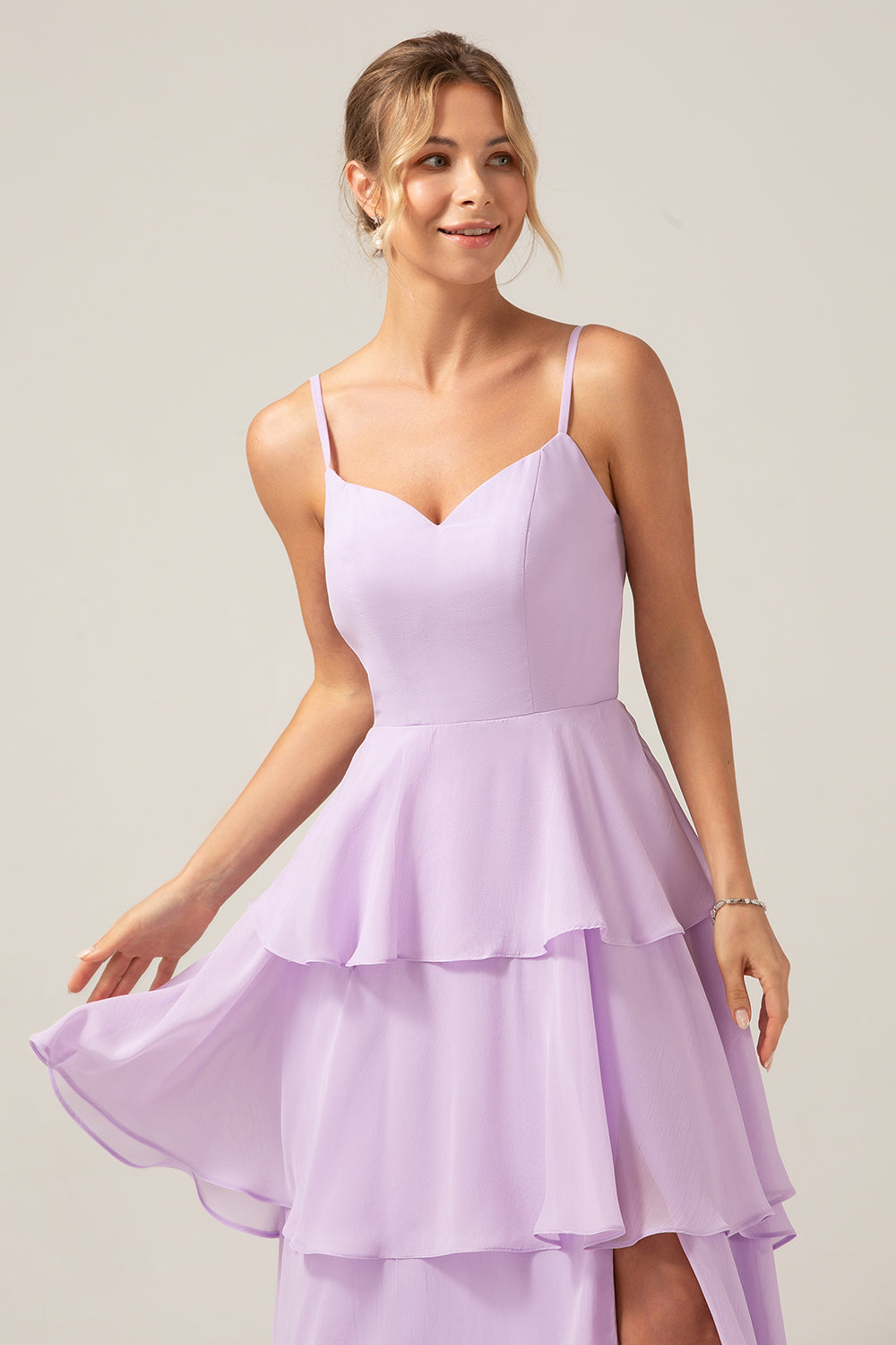 Lilac A Line Spaghetti Straps Tiered Chiffon Bridesmaid Dress with Slit