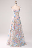 A-Line Apricot Flower Off the Shoulder Long Corset Prom Dress