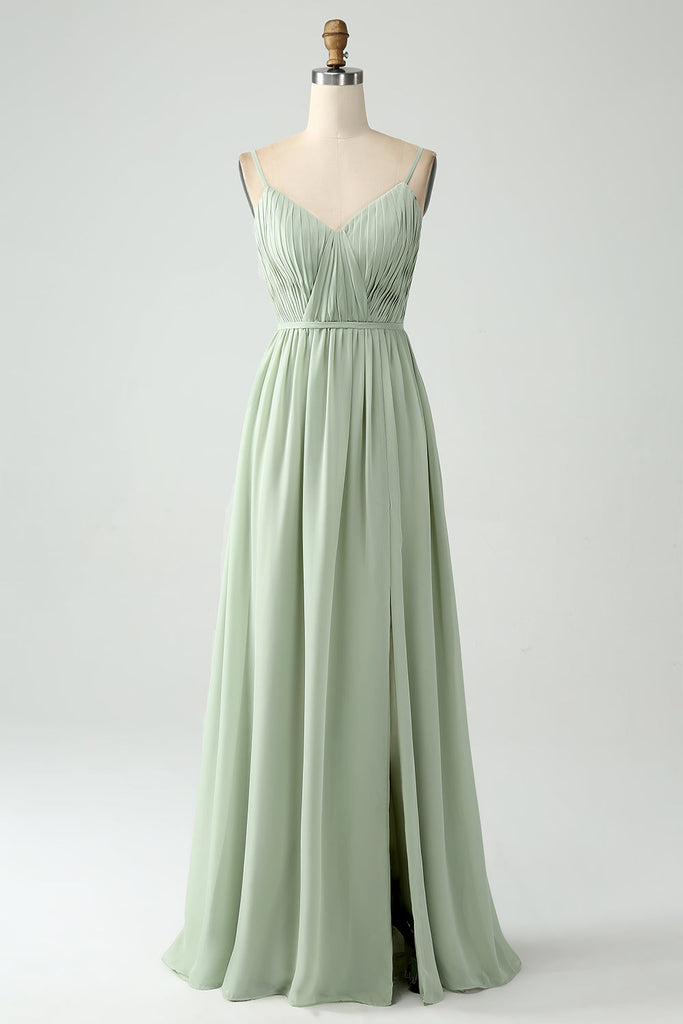 Spaghetti Straps Square Floor-length Dresses With Slit Dusty Sage