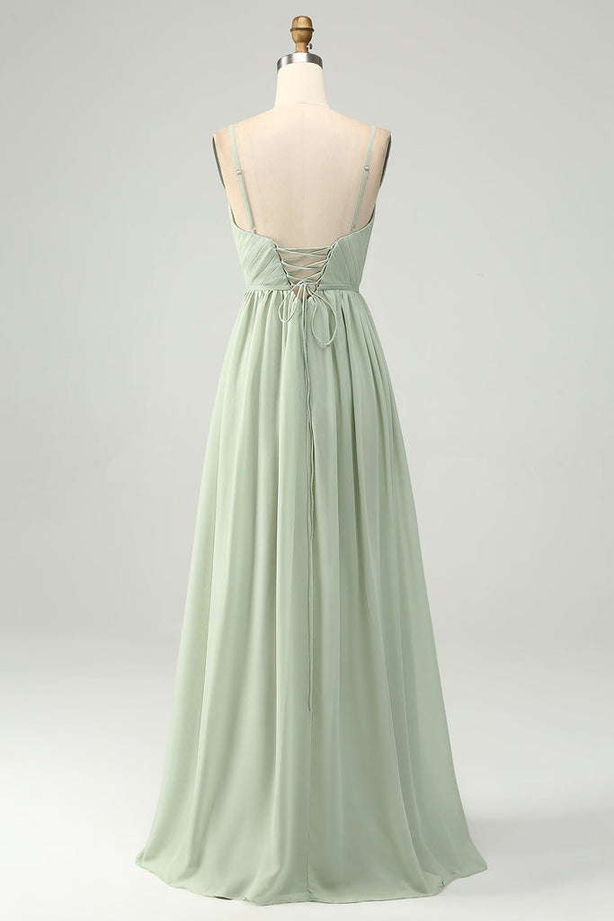 Spaghetti Straps Ruched Tiered Dress With Slit Dusty Sage main image 1