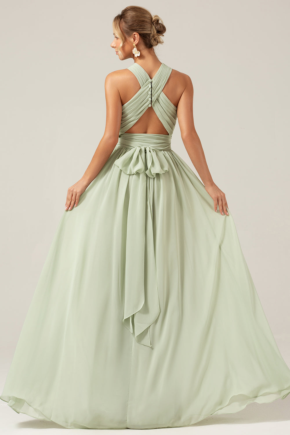 Zapakasa Women Dusty Sage Boho Chiffon Long Bridesmaid Dress with Button Back Halter Wedding Party Dress with Slit Zapakasa Women Dusty Sage Boho Chiffon Long Bridesmaid Dress with Button Back Halter Wedding Party Dress with Slit
