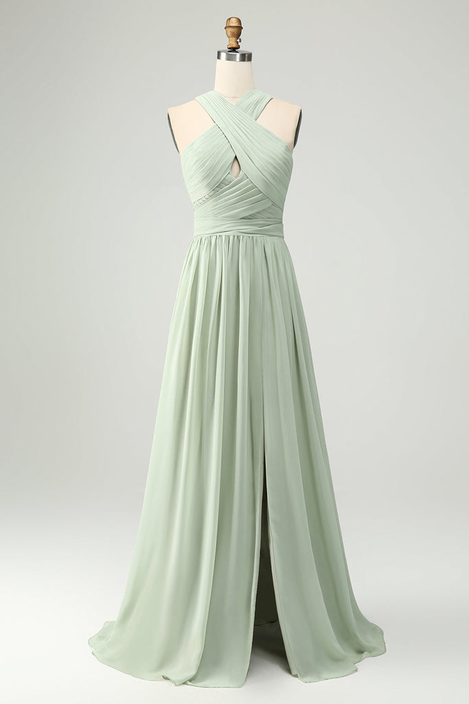 Chiffon Long Bridesmaid Gown with Halter Neck Sage Plus Size