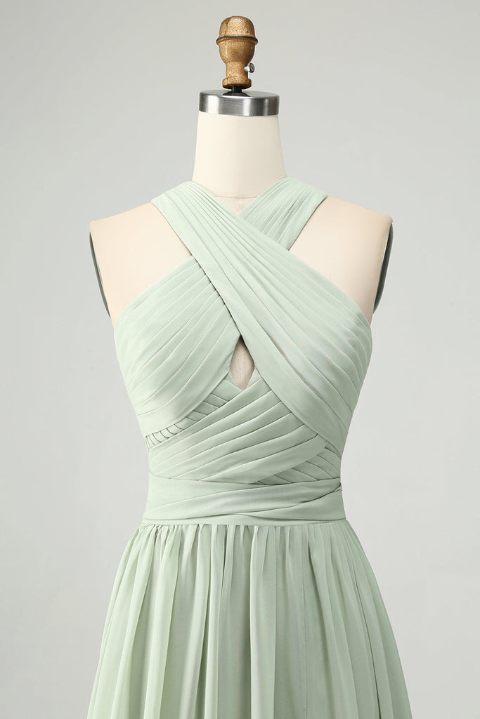 Zapakasa Women Halter Chiffon Sage Green Bridesmaid Dress with Pleated