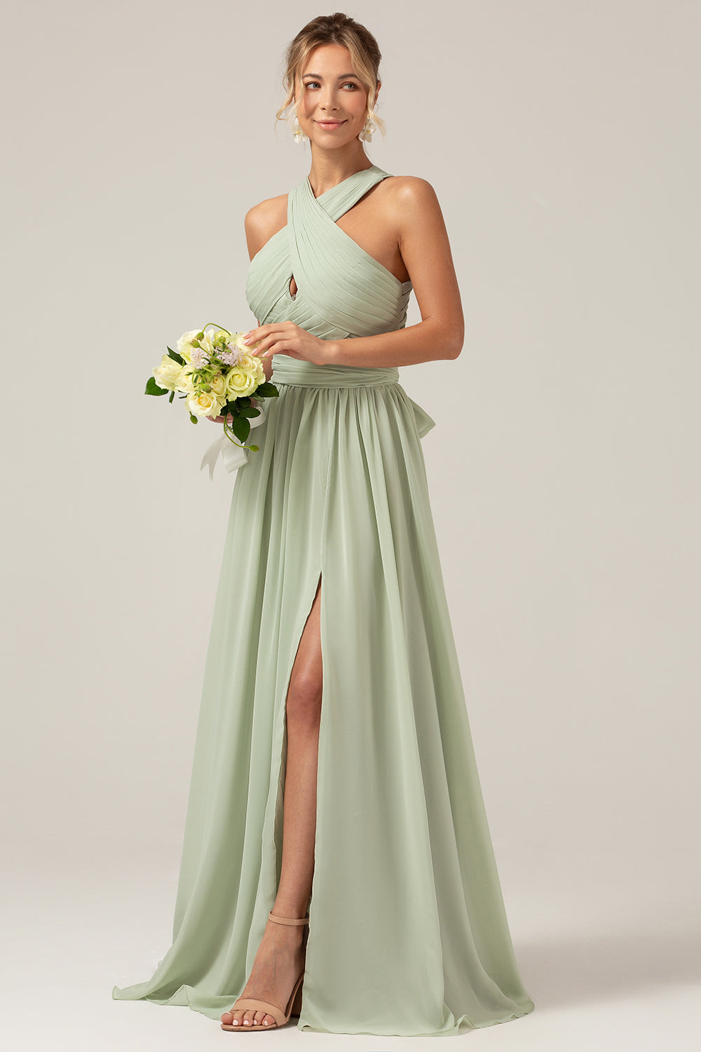 Zapakasa Women Dusty Sage Boho Chiffon Long Bridesmaid Dress with Button Back Halter Wedding Party Dress with Slit Zapakasa Women Dusty Sage Boho Chiffon Long Bridesmaid Dress with Button Back Halter Wedding Party Dress with Slit