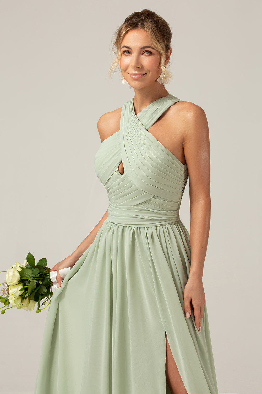 Zapakasa Women Dusty Sage Boho Chiffon Long Bridesmaid Dress with Button Back Halter Wedding Party Dress with Slit Zapakasa Women Dusty Sage Boho Chiffon Long Bridesmaid Dress with Button Back Halter Wedding Party Dress with Slit
