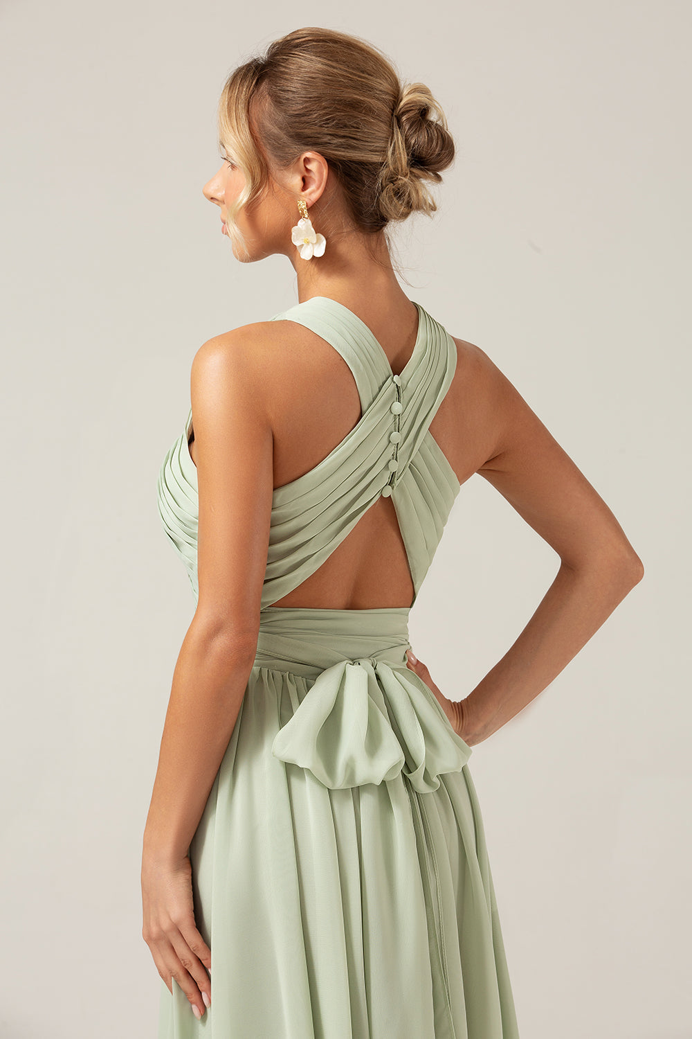 sage green boho bridesmaid dress AW.Bridal A-line V-Neck Floor Length Sleeveless Spaghetti Straps Bows Pleat Split Long Bridesmaid Dresses Dress Sage Green Size 4