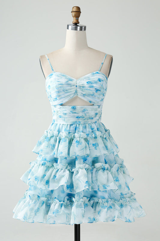 A-Line Spaghetti Straps Tiered Blue Floral Short Homecoming Dress