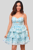 Blue Floral A-Line Spaghetti Straps Tiered Short Homecoming Dress