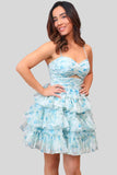 Blue Floral A-Line Spaghetti Straps Tiered Short Homecoming Dress