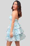 Blue Floral A-Line Spaghetti Straps Tiered Short Homecoming Dress