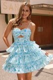 Blue Floral A-Line Keyhole Tiered Short Homecoming Dress with Ruffles