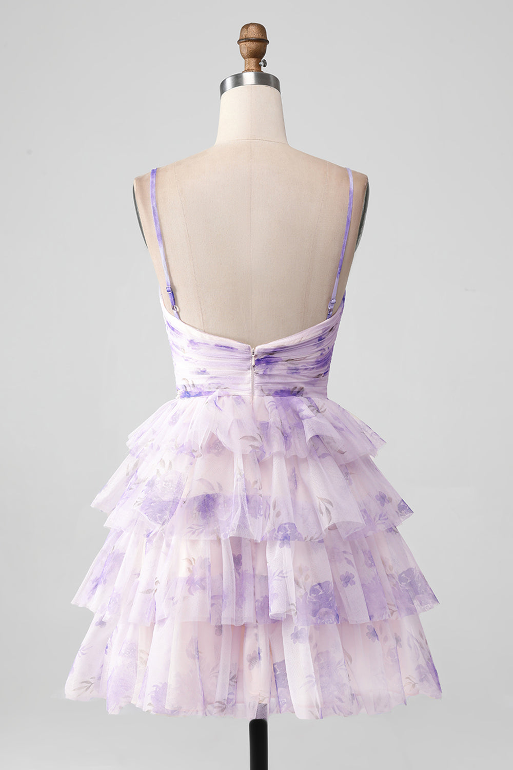 Lavender Flower A Line Spaghetti Straps Tiered Pleated Short Homecoming Dress