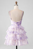 Lavender Flower A Line Spaghetti Straps Tiered Pleated Short Homecoming Dress