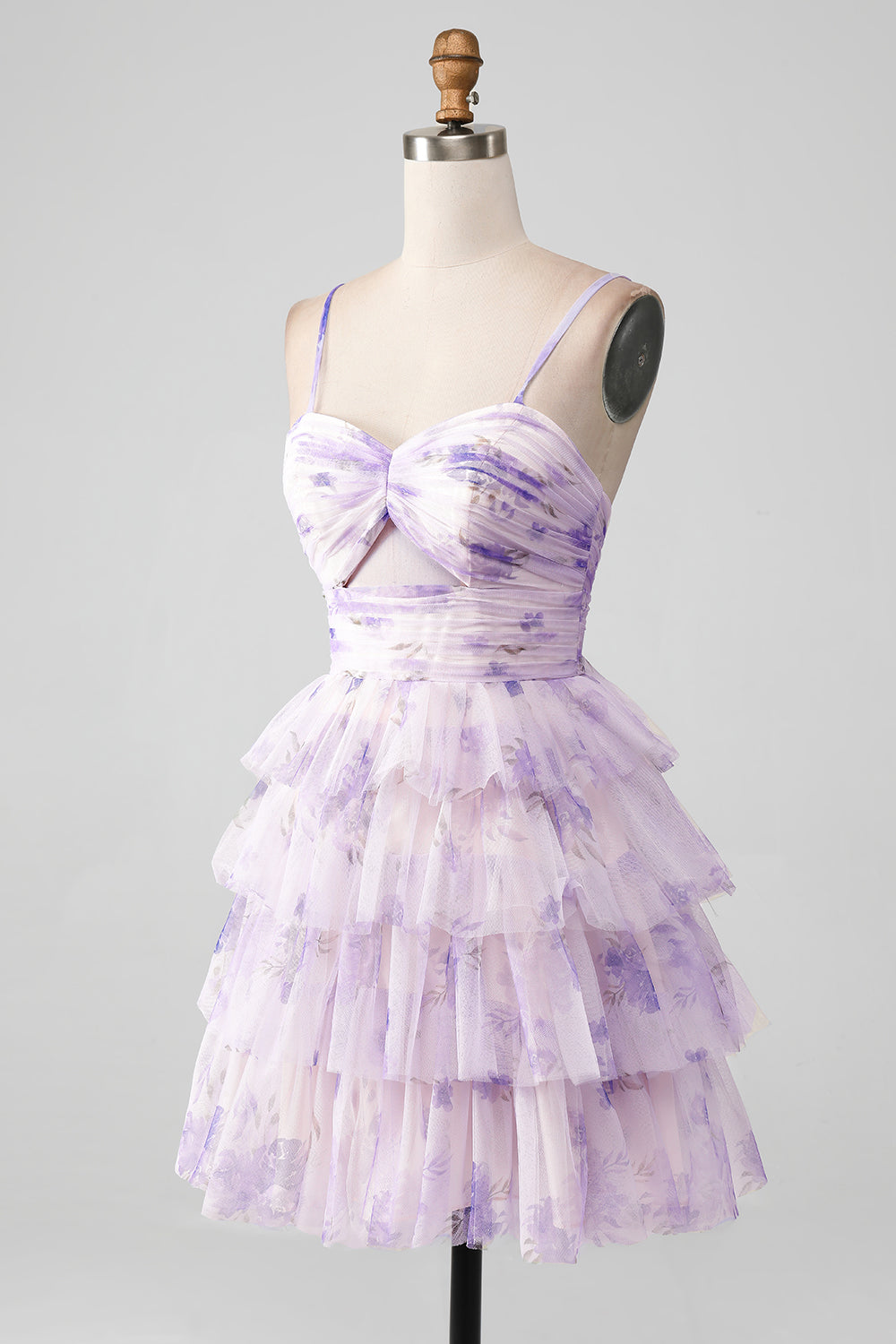 Lavender Flower A Line Spaghetti Straps Tiered Pleated Short Homecoming Dress