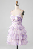 Lavender Flower A Line Spaghetti Straps Tiered Pleated Short Homecoming Dress