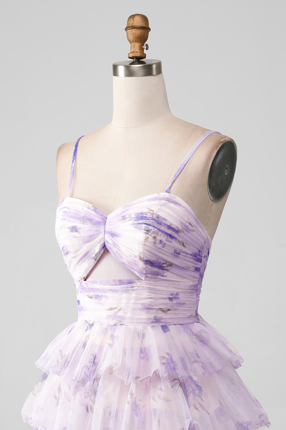 Lavender Flower A Line Spaghetti Straps Tiered Pleated Short Homecoming Dress