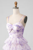 Lavender Flower A Line Spaghetti Straps Tiered Pleated Short Homecoming Dress