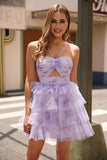 Lavender Flower A Line Keyhole Tiered Short Homecoming Dress with Ruffles