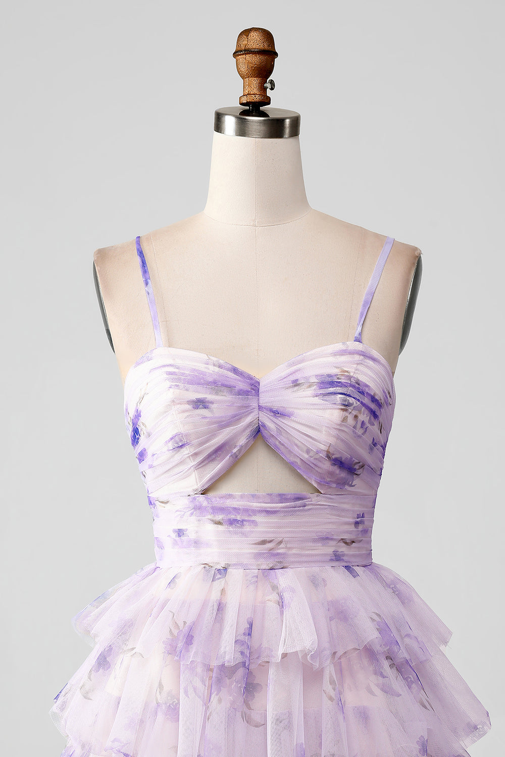 Lavender Flower A Line Spaghetti Straps Tiered Pleated Short Homecoming Dress