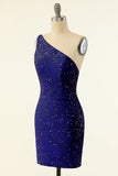 Pink Sequins One Shoulder Tight Homecoming Dress