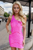 One Shoulder Hot Pink Sequins Tight Short Homecoming Dress