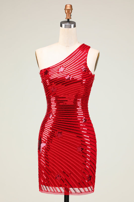 Red Sequined One Shoulder Homecoming Dress