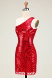 Red Sequined One Shoulder Homecoming Dress