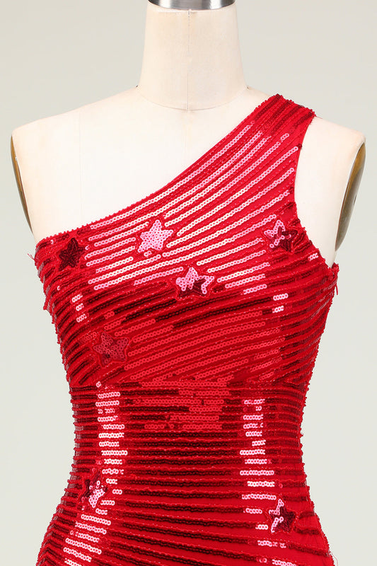 Red Sequined One Shoulder Homecoming Dress