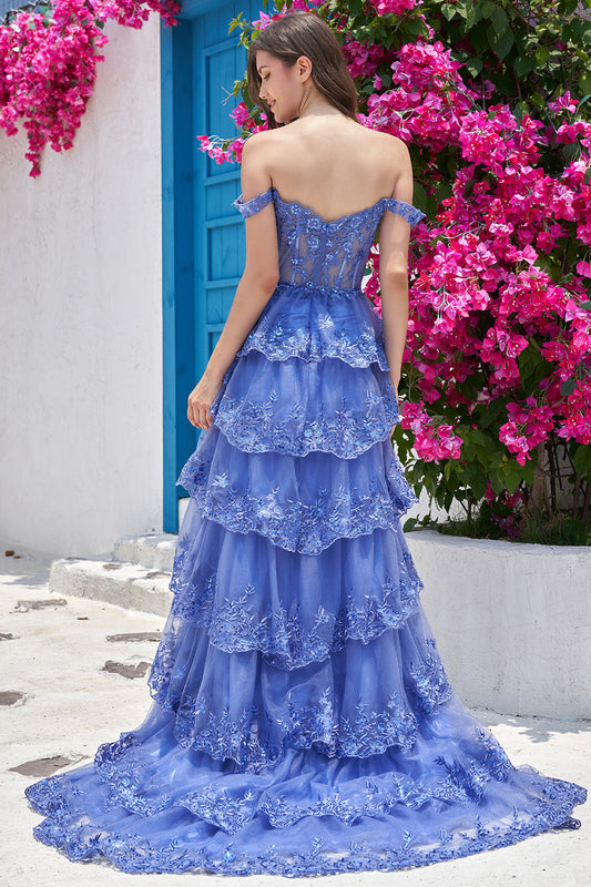 Dark Blue Off The Shoulder Tiered Prom Dress