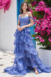 Blue Off The Shoulder Tiered Prom Dress