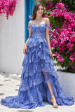 Off the Shoulder Purple Corset Prom Dress with Slit