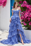 Blue Off The Shoulder Tiered Prom Dress