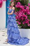 Blush Off The Shoulder Tiered Prom Dress