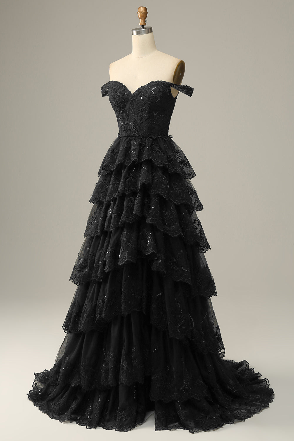 Dark Blue Off The Shoulder Tiered Prom Dress
