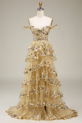 Golden Off The Shoulder Tiered Prom Dress
