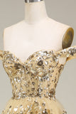 Golden Off The Shoulder Tiered Prom Dress