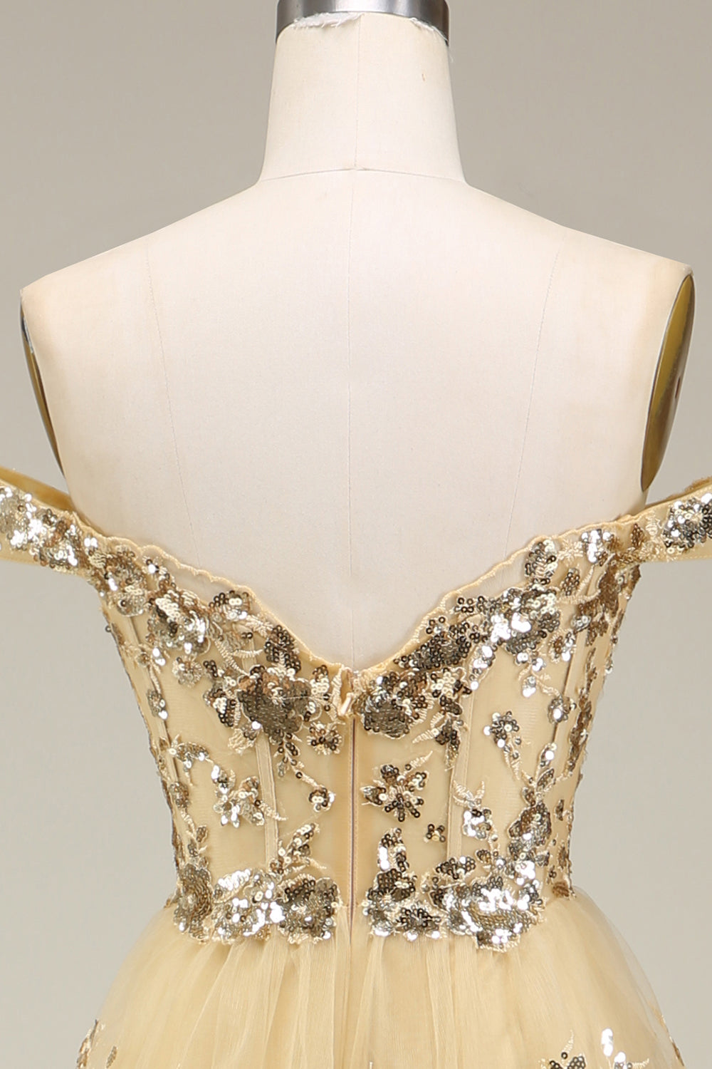 Golden Off The Shoulder Tiered Prom Dress