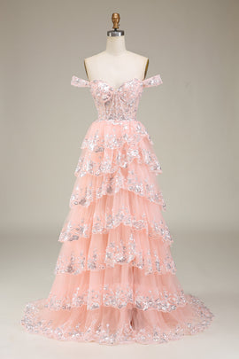 Blush Off The Shoulder Tiered Prom Dress
