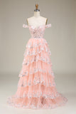 Golden Off The Shoulder Tiered Prom Dress