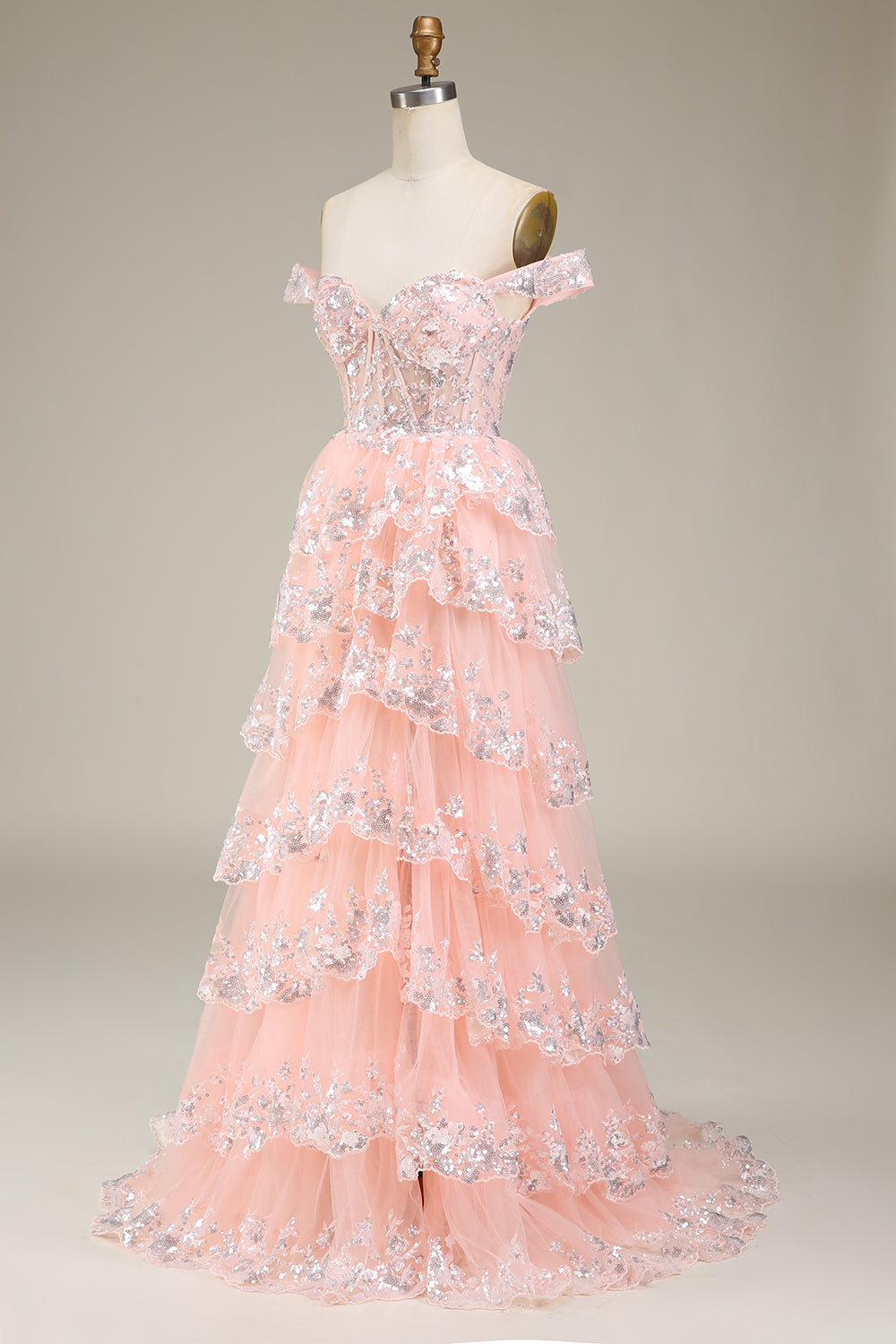 Blush Off The Shoulder Tiered Prom Dress