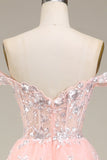 Blush Off The Shoulder Tiered Prom Dress