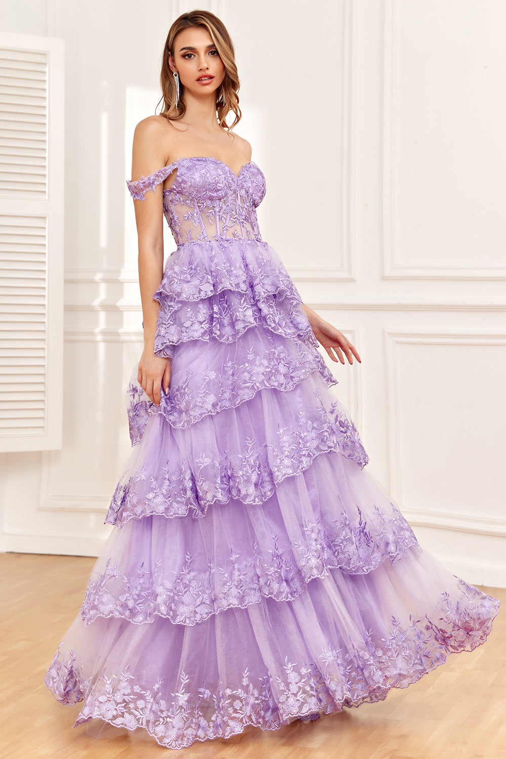 Zariah Blush Princess A line Off Shoulder Ruffled Tulle Prom Dress |  KissProm
