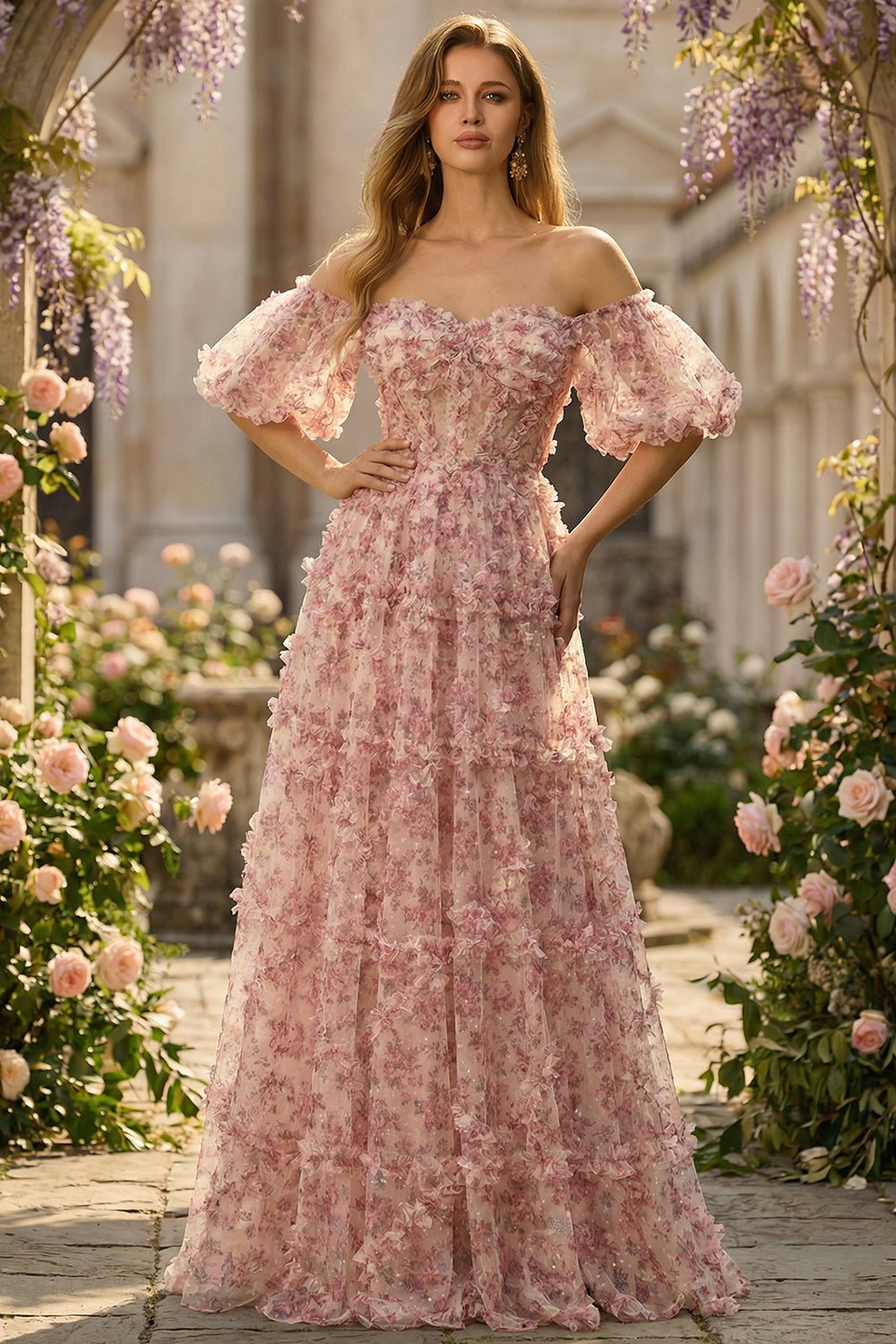 Ivory Red Floral A Lien Off The Shoulder Long Prom Dress