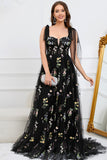 Black Embroidery Corset Long Prom Dress