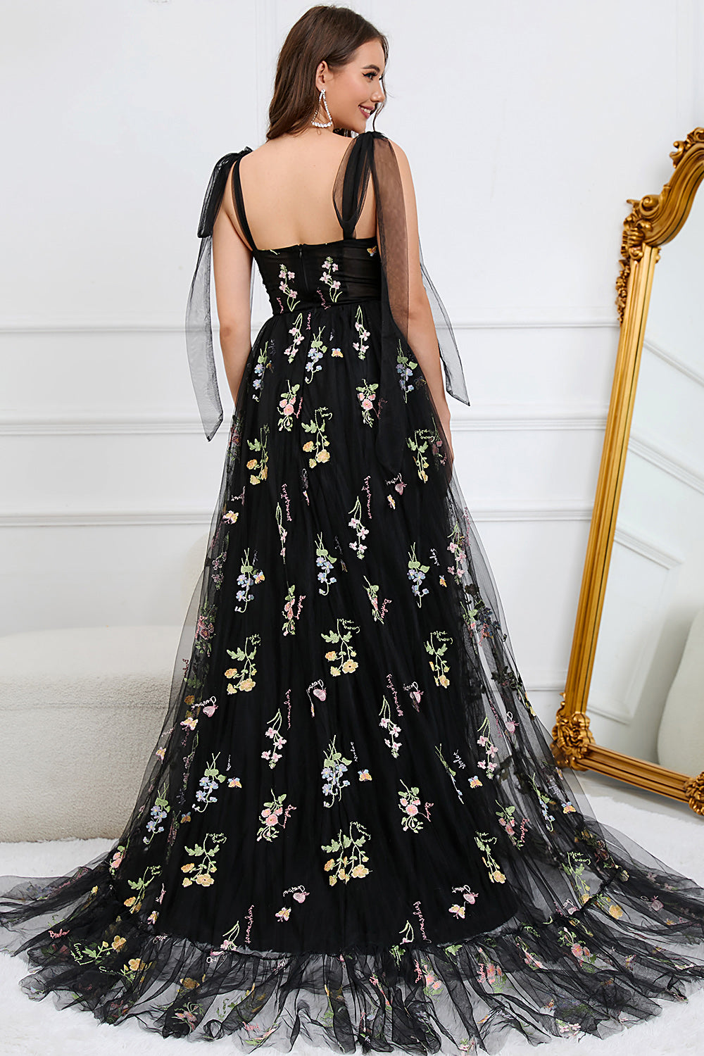 Zapakasa Women Black Embroidery Corset Long Prom Dress A-Line Formal Party Dress
