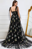 Black Embroidery Corset Long Prom Dress